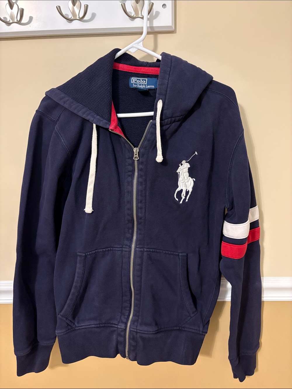 Polo by Ralph Lauren Navy Zip Hoodie with Red & White Sleeve Stripes